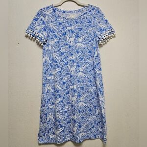 NWOT Lilly Pulitzer Lissie Dress Coastal Blue Fancy Feet Pom Pom Printed Sz XS